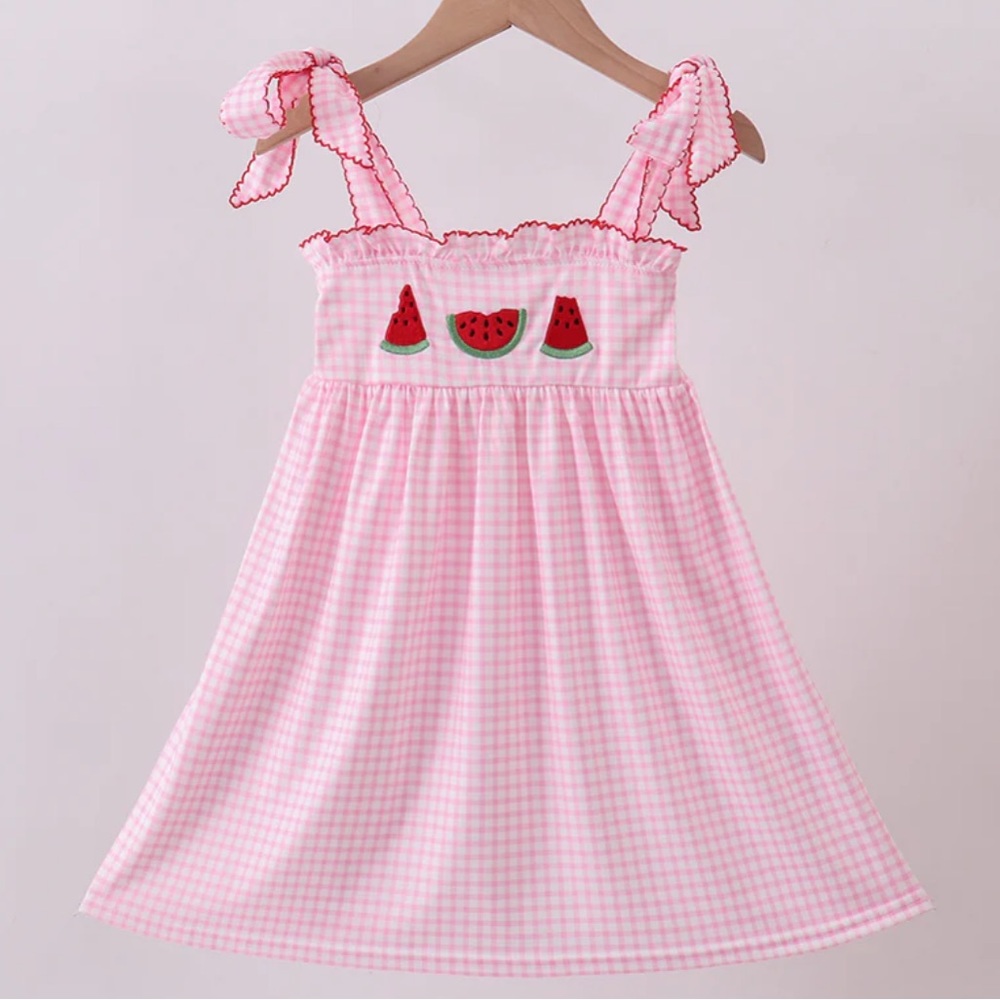 Pink Gingham Seersucker Watermelon Appliqué Sundress Embroidered Girls NWT